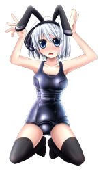 Rule 34 | 1girl, animal ears, blush, caramelldansen, evandragon, female focus, highres, konpaku youmu, one-piece swimsuit, open mouth, rabbit ears, red eyes, school swimsuit, shiny clothes, short hair, solo, swimsuit, thighhighs, touhou