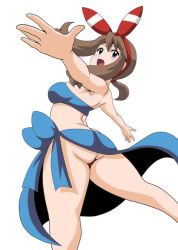 Rule 34 | 1girl, arched back, artist request, ass, back, bare arms, bare legs, bare shoulders, blue eyes, blue sarong, blue tube top, blush, breasts, brown hair, cosplay, creatures (company), elite four, female focus, floating hair, from behind, game freak, hair ornament, huge ass, legs, looking at viewer, looking back, may (pokemon), may (pokemon oras), medium breasts, midriff, nintendo, open mouth, outstretched arms, phoebe (pokemon), phoebe (pokemon) (cosplay), pokemon, pokemon oras, revealing clothes, sarong, short hair, simple background, solo, standing, standing on one leg, strapless, thick thighs, thighs, tube top, white background, wind, wind lift
