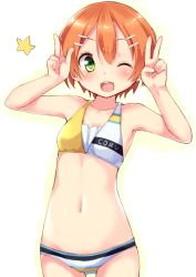 Rule 34 | 10s, 1girl, ;d, bikini, blush, breasts, clothes writing, double v, hoshizora rin, looking at viewer, love live!, love live! school idol festival, love live! school idol project, mokoke, multicolored stripes, navel, one eye closed, open mouth, orange hair, short hair, small breasts, smile, solo, star (symbol), striped bikini, striped clothes, swimsuit, v, wink, yellow eyes