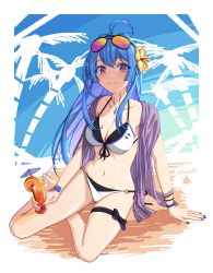 Rule 34 | 1girl, ahoge, azur lane, bare shoulders, barefoot, bikini, blue hair, blue nails, blush, bracelet, breasts, cleavage, collarbone, cup, eyewear on head, flower, full body, groin, hair flower, hair ornament, helena (azur lane), highres, holding, holding cup, jewelry, large breasts, long hair, looking at viewer, mouhantain, multicolored bikini, multicolored clothes, nail polish, navel, o-ring, o-ring bikini, pearl bracelet, purple eyes, purple shirt, shirt, sitting, smile, solo, stomach, sunglasses, swimsuit, tareme, thigh strap, thighs, tinted eyewear, toned, tropical drink, very long hair, wristband, yokozuwari