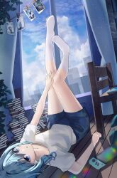Rule 34 | 1girl, absurdres, blue eyes, blue hair, book, game console, highres, hololive, hoshimachi suisei, legs up, looking at viewer, lying, no shoes, photo (object), room, school uniform, socks, solo, upside-down, virtual youtuber, white socks, window