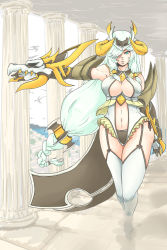 Rule 34 | 1girl, alternate costume, aqua eyes, braid, breasts, cape, gauntlets, hair over one eye, highres, large breasts, league of legends, long hair, shyvana, solo, thighhighs, trombe, trome, very long hair, white hair, white thighhighs, wide hips