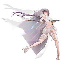Rule 34 | 1girl, ass, ass cutout, between buttocks, boots, breasts, bridal veil, butt crack, clothing cutout, covered erect nipples, dress, from behind, full body, game cg, grey shorts, gun, high heels, highres, holographic clothing, impossible clothes, knife, large breasts, last origin, leotard, long hair, looking at viewer, looking back, machine pistol, official alternate costume, official art, phantom (last origin), ponytail, red eyes, revealing clothes, rorobomb, shorts, simple background, solo, submachine gun, tachi-e, thigh boots, thighhighs, transparent background, uzi, veil, weapon, wedding dress, white thighhighs
