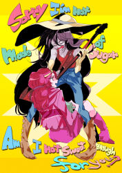 Rule 34 | 2girls, adventure time, bass guitar, black hair, boots, breasts, cleavage, confession, crown, denim, english text, closed eyes, gloves, hat, high heels, instrument, jeans, long hair, marceline abadeer, multiple girls, music, open mouth, pants, pigeon-toed, pink hair, princess bonnibel bubblegum, profinle, shoes, singing, sitting, standing, sun hat, sweatdrop, tank top, tima, very long hair, yuri