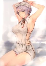 Rule 34 | 1girl, :o, absurdres, armpits, bare arms, breasts, commentary request, grey hair, hairband, highres, huge filesize, large breasts, momihige, monster hunter, monster hunter: world, monster hunter (series), red ribbon, ribbon, shirt, short hair, short shorts, shorts, sitting, sleeveless, sleeveless shirt, solo, steam, white shorts