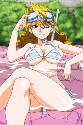 Rule 34 | 1girl, bikini, blonde hair, blue eyes, breasts, christine garland, covered erect nipples, crossed legs, goggles, goggles on head, large breasts, long hair, looking at viewer, non-web source, official art, one eye closed, partially submerged, photoshop (medium), reclining, side-tie bikini bottom, smile, snorkel, solo, striped bikini, striped clothes, super real mahjong, swimsuit, tanaka ryou, wading pool, water