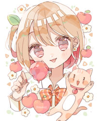 Rule 34 | 1girl, absurdres, animal, apple, bow, bowtie, brown hair, candy apple, cat, collared shirt, colored inner hair, cropped torso, earrings, flower earrings, food, fruit, hair ornament, highres, holding, holding food, jewelry, leaf hair ornament, looking at viewer, multicolored hair, nagihoko, nail polish, one side up, original, plaid, plaid bow, plaid bowtie, red eyes, red hair, shirt, short hair, smile, solo, tongue, tongue out