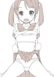 Rule 34 | 1girl, clothes lift, fuyuno mikan, looking at viewer, monochrome, open mouth, panties, simple background, skirt, skirt lift, smile, solo, twintails, underwear, white background
