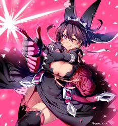 Rule 34 | 1girl, ;q, alternate color, black hair, black thighhighs, blush, breasts, cleavage, cleavage cutout, clothing cutout, clover, dress, earrings, elphelt valentine, finger gun, flower, four-leaf clover, garter straps, gloves, gradient background, guilty gear, guilty gear xrd, hat, heart, ikezaki misa, jewelry, large breasts, one eye closed, petals, player 2, red eyes, rose, short hair, solo, thighhighs, tongue, tongue out