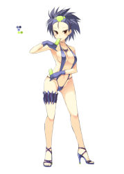 Rule 34 | 1girl, bare shoulders, blue footwear, blush, brachydios, breasts, brown eyes, cleavage, color guide, contrapposto, food, full body, hand up, headband, high heels, holding, humanization, jewelry, legband, looking at viewer, medium breasts, monster hunter (series), navel, necklace, ohta yuichi, personification, pinky out, popsicle, purple hair, short hair, simple background, solo, standing, thigh strap, tooth necklace, white background