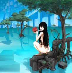 Rule 34 | 1girl, abstract, ass, bad id, bad pixiv id, barefoot, black hair, blue eyes, breasts, eating, food, from behind, fruit, industrial pipe, jittsu, long hair, looking at viewer, nude, nudist, original, post-apocalypse, small breasts, solo, squatting, tree, water