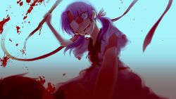 Rule 34 | 1girl, :d, blood, blood on clothes, blood on face, blood splatter, blue background, blue eyes, collarbone, dress, eyebrows, eyepatch, fault, from below, game cg, hair ribbon, holding, konatsu hare, low twintails, medical eyepatch, official art, open mouth, pink ribbon, ribbon, rune (fault), shaded face, sitting, sitting on person, smile, solo, spoilers, stick, twintails, white dress