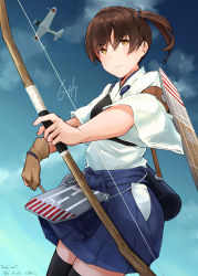 Rule 34 | 1girl, absurdres, aircraft, bad id, bad pixiv id, black thighhighs, blue skirt, blush, bow (weapon), brown hair, cloud, dated, day, flight deck, gloves, hakama, hakama short skirt, hakama skirt, highres, holding, holding bow (weapon), holding weapon, japanese clothes, kaga (kancolle), kantai collection, kumanoko, muneate, outdoors, partially fingerless gloves, partly fingerless gloves, ponytail, quiver, short sleeves, side ponytail, signature, single glove, skirt, sky, solo, tasuki, thighhighs, weapon, yellow eyes, yugake