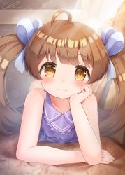 Rule 34 | 1girl, blush, brown eyes, brown hair, elbow rest, hair ribbon, hakozaki serika, highres, idolmaster, idolmaster million live!, idolmaster million live! theater days, j2l, long hair, looking at viewer, lying, on stomach, ribbon, smile, solo, twintails