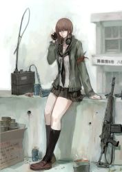 Rule 34 | 1girl, assault rifle, beer can, breasts, brown eyes, brown hair, can, cigarette, drink can, field radio, gun, headset, highres, howa type 89, jittsu, long hair, necktie, original, pleated skirt, rifle, school uniform, serafuku, shell casing, skirt, small breasts, smoking, solo, weapon, weapon request