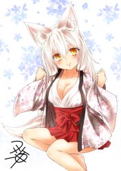 Rule 34 | 1girl, animal ear fluff, animal ears, breasts, cleavage, commentary request, fox ears, fox tail, japanese clothes, kohaku (yua), looking at viewer, original, sketch, slit pupils, smile, solo, tail, white hair, yellow eyes, yua (checkmate)