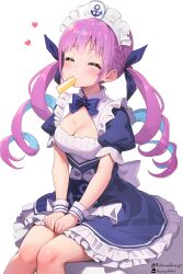 Rule 34 | 1girl, absurdres, ahoge, apron, blush, breasts, cleavage, closed eyes, colored inner hair, drill hair, food, food in mouth, frqz bijutsu, heart, highres, hololive, large breasts, maid, maid apron, maid headdress, minato aqua, minato aqua (1st costume), multicolored hair, pink hair, purple eyes, solo, twin drills, two-tone hair, virtual youtuber