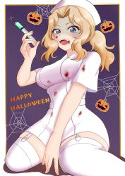 1girl absurdres alternate_hairstyle amanone_yun blonde_hair blood blood_from_mouth blood_on_clothes blood_on_face blue_eyes commentary dress english_text garter_straps girls_und_panzer hair_intakes hair_up half-closed_eyes halloween halloween_costume happy_halloween hat highres holding holding_syringe jack-o&#039;-lantern kay_(girls_und_panzer) looking_at_viewer medium_hair nurse_cap ponytail short_dress short_sleeves silk sitting solo spider_web syringe thighhighs wariza white_dress white_thighhighs