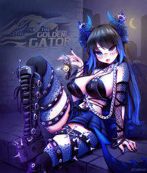 Rule 34 | animal ears, blue hair, boots, bra, breasts, clickdraws, crown, dragon girl, dragon horns, goth fashion, gothic, highres, horns, large breasts, scales, sitting, skirt, spikes, tail, thighhighs, underwear, virtual youtuber