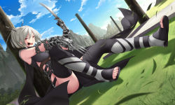 Rule 34 | chain, claws, disfigurement, gauntlets, grass, grey hair, highres, ninja, open mouth, ponytail, red eyes, sandals, scar, teeth, thighs, toes, tongue, updo, weapon, wind