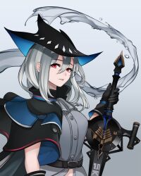 Rule 34 | 1girl, arknights, ascot, belt, belt buckle, black belt, black gloves, black hat, black jacket, buckle, commentary, english commentary, gloves, grey ascot, grey background, grey hair, grey shirt, hair between eyes, hat, highres, holding, holding sword, holding weapon, jacket, keiita, long hair, looking at viewer, parted lips, red eyes, shirt, skadi (arknights), solo, sword, upper body, very long hair, water, weapon