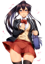 Rule 34 | 1girl, absurdres, bag, black thighhighs, blush, breasts, gluteal fold, highres, long hair, magukappu, original, parted lips, petals, pleated skirt, ponytail, purple eyes, school bag, school uniform, simple background, skirt, solo, thighhighs, white background