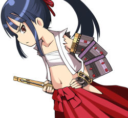 Rule 34 | 1girl, armor, atlus, bandages, black hair, brown eyes, bushidou (sekaiju), collarbone, cowboy shot, dutch angle, e10, etrian odyssey, holding, holding sword, holding weapon, katana, long hair, looking at viewer, midriff, navel, pelvic curtain, pleated skirt, ponytail, red skirt, sarashi, shoulder pads, simple background, skirt, solo, stomach, sword, very long hair, weapon, white background