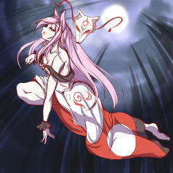 Rule 34 | 1girl, action, amaterasu (ookami), animal ears, bamboo, bamboo forest, bare shoulders, barefoot, breasts, brooch, cleavage, collarbone, cosplay, dark, dress, forest, full moon, half-closed eyes, hata no kokoro, hip focus, howling, imaizumi kagerou, imaizumi kagerou (cosplay), jewelry, leg up, legs, long hair, looking at viewer, looking to the side, moon, multicolored clothes, multicolored dress, nail polish, nature, neck, night, night sky, ookami (game), open mouth, pandain, paw pose, pink eyes, pink hair, red dress, red nails, sketch, sky, sleeveless, sleeveless dress, solo, strapless, strapless dress, thighs, toes, touhou, very long hair, white dress, wolf ears, wolf mask, wrist cuffs