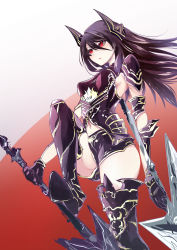 Rule 34 | 1girl, absurdres, armor, armored boots, blush, boots, breastplate, breasts, cluseller, female focus, final fantasy, final fantasy xiv, gloves, hair between eyes, highres, holding, holding weapon, horns, hyur, leg up, long hair, medium breasts, navel, open mouth, purple footwear, purple gloves, purple hair, purple shorts, red background, red eyes, shingeki no bahamut, short shorts, shorts, shoulder armor, sideboob, simple background, sketch, solo, standing, standing on one leg, thigh boots, thighhighs, two-tone background, vambraces, weapon, weapon request