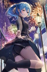 Rule 34 | 1girl, absurdres, aerial fireworks, ass, black shirt, black shorts, blue eyes, blue hair, commentary request, earrings, fireworks, floating hair, glint, grin, highres, hololive, hoshimachi suisei, hoshimachi suisei (shout in crisis), jewelry, lamppost, long hair, nakaneabura8623, night, night sky, official alternate costume, official alternate hairstyle, outdoors, ponytail, revision, shirt, shooting star, short shorts, shorts, sky, smile, solo, standing, standing on one leg, star (sky), star (symbol), star in eye, symbol in eye, thighs, turtleneck, virtual youtuber, wing hair ornament