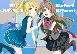 Rule 34 | 10s, 2girls, :o, ;d, ayase eli, black gloves, blonde hair, blue eyes, boots, bow, brown hair, character name, elbow gloves, frilled skirt, frills, gloves, hair bow, highres, knee boots, long hair, love live!, love live! school idol project, microphone, microphone stand, minami kotori, multiple girls, nishiuri warito, one eye closed, open mouth, ponytail, side ponytail, skirt, smile, white gloves, wink, yellow eyes