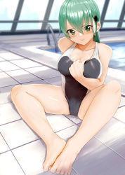 Rule 34 | 1girl, absurdres, alternate costume, aqua eyes, aqua hair, bad feet, barefoot, black one-piece swimsuit, breasts, competition swimsuit, covered navel, hair between eyes, hair ornament, hairclip, highres, honmakaina kudou, indoors, kantai collection, lips, long hair, looking at viewer, medium breasts, one-piece swimsuit, pool, pool ladder, poolside, rei no pool, shadow, sitting, smile, solo, suzuya (kancolle), swimsuit, two-tone swimsuit, water, white one-piece swimsuit, window