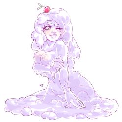 Rule 34 | 1girl, blush, breast hold, breast rest, breasts, cherry, colored skin, cream, dripping, eyelashes, food, food on head, fruit, lips, long hair, monster girl, nipples, no legs, nude, object on head, one eye closed, original, personification, puffy nipples, purple skin, see-through, slime girl, smile, toothy (artist), transparent background, white eyes, white hair, white skin, wink