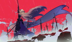 Rule 34 | 1girl, arm up, armor, fate/grand order, fate (series), faulds, floating hair, from side, grey hair, headpiece, holding, holding sword, holding weapon, jeanne d&#039;arc (fate), jeanne d&#039;arc alter (avenger) (fate), jeanne d&#039;arc alter (fate), long hair, outdoors, planted, planted sword, planted weapon, red background, ryota-h, solo, standard bearer, sword, vambraces, very long hair, weapon