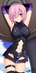 Rule 34 | 1girl, armpits, arms behind head, bare shoulders, black leotard, black skirt, black thighhighs, blue sky, blush, breasts, cloud, commentary request, contrapposto, cowboy shot, dated, day, elbow gloves, eyes visible through hair, fate/grand order, fate (series), gloves, groin, hair over one eye, holding, holding shield, leotard, looking at viewer, mash kyrielight, medium breasts, navel, pink hair, ppshex, purple eyes, purple gloves, shield, shiny skin, short hair, signature, skirt, sky, solo, standing, stomach, thigh gap, thigh strap, thighhighs