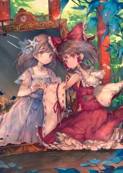 Rule 34 | 2girls, bare shoulders, blue dress, bow, brown eyes, brown hair, cha goma, city, closed mouth, collar, commentary request, day, detached sleeves, dew drop, dress, flower, forest, frilled bow, frilled hair tubes, frilled skirt, frills, full body, hair bow, hair tubes, hakurei reimu, highres, looking at viewer, medium hair, mirror, multiple girls, nature, night, original, plant, red bow, red eyes, red skirt, red vest, ribbon-trimmed sleeves, ribbon trim, seiza, shell, shell hair ornament, short sleeves, sitting, skirt, split theme, starfish hair ornament, torii, touhou, vest, water drop, white sleeves