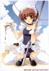 Rule 34 | 1girl, absurdres, apron, brown eyes, brown hair, cake, collarbone, cup, d:, day, food, frilled thighhighs, frills, highres, kneeling, maid, maid apron, mitsuki mantarou, one-piece swimsuit, open mouth, outdoors, plate, school swimsuit, short hair, solo, spread legs, swimsuit, teacup, thighhighs, umbrella, white thighhighs, wrist cuffs