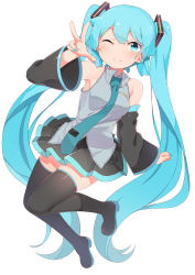 Rule 34 | 1girl, ;), abmayo, absurdres, aqua eyes, aqua hair, aqua nails, bare shoulders, black thighhighs, blue eyes, blush, boots, commentary request, detached sleeves, full body, hair ornament, hatsune miku, highres, long hair, looking at viewer, nail polish, necktie, one eye closed, open mouth, simple background, skirt, sleeveless, smile, solo, thigh boots, thighhighs, twintails, very long hair, vocaloid, w, white background