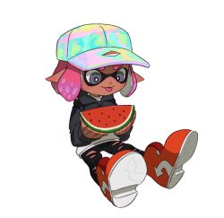 Rule 34 | 1girl, :p, baseball cap, black pants, commentary, dark-skinned female, dark skin, food, fruit, grey eyes, hat, ikki (gsl 9708), inkling, inkling girl, inkling player character, medium hair, nintendo, pants, pink hair, pointy ears, red footwear, simple background, sitting, solo, splatoon (series), splatoon 3, symbol-only commentary, tentacle hair, thick eyebrows, tongue, tongue out, torn clothes, torn pants, watermelon, white background