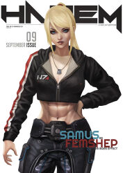 Rule 34 | 1girl, abs, absurdres, blonde hair, blue eyes, breasts, cleavage, commander shepard, commander shepard (female), commander shepard (female) (cosplay), cosplay, cover, dog tags, english text, hair between eyes, highres, hood, hoodie, long hair, magazine cover, mass effect (series), mass effect 1, medium breasts, metroid, midriff, mole, mole under mouth, monori rogue, nintendo, ponytail, samus aran, solo, toned, white background
