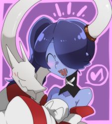 Rule 34 | 1girl, bad id, bad pixiv id, bare shoulders, blue skin, blush, colored skin, detached collar, detached sleeves, closed eyes, hair over one eye, happy, haseko123, leviathan (skullgirls), long hair, long sleeves, musical note, open mouth, outline, purple hair, quaver, side ponytail, skull, skullgirls, smile, solo, speech bubble, spoken musical note, squigly (skullgirls), stitched mouth, stitches, striped, striped sleeves, zombie