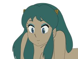 Rule 34 | 1girl, absurdres, blue eyes, extraction, female focus, flat color, green hair, highres, horns, long hair, lum, nude, oni, simple background, smile, solo, tan, third-party edit, urusei yatsura, vector trace