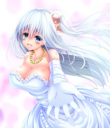 Rule 34 | 1girl, :d, bare shoulders, blue eyes, blush, breasts, bridal veil, cleavage, commentary request, dress, elbow gloves, frilled dress, frills, gloves, hair between eyes, hair bobbles, hair ornament, huge breasts, jewelry, long dress, long hair, looking at viewer, necklace, one side up, open mouth, outstretched hand, shinki (touhou), silver hair, smile, solo, strapless, strapless dress, touhou, touhou (pc-98), veil, very long hair, wedding dress, white dress, white gloves, yanagi no ki