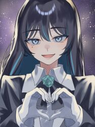 Rule 34 | 1girl, absurdres, ado (utaite), black bow, black bowtie, black hair, black jacket, blue eyes, blue flower, blue hair, blue rose, blush, bow, bowtie, chando (ado), cloud nine inc, collared shirt, colored inner hair, commentary, flower, flower brooch, gloves, hair between eyes, heart, heart hands, highres, jacket, light particles, long hair, long sleeves, looking at viewer, mole, mole under eye, multicolored hair, open mouth, rose, shirt, sidelocks, solo, tsukuno tsuki, two-tone hair, upper body, utaite, white gloves, white shirt