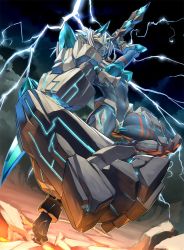 Rule 34 | 00s, 1girl, black sclera, blue skin, blue theme, colored sclera, colored skin, demon, electricity, golem, gran (taimanin asagi), highres, horns, lightning, mikoyan, monster girl, pointy ears, silver hair, sky, taimanin (series), taimanin asagi, taimanin asagi kessen arena, toned, warrior, yellow eyes
