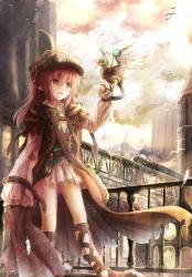 Rule 34 | 1girl, absurdres, bird, bird on hand, building, cape, cloud, collared shirt, feathers, goggles, goggles on headwear, hat, highres, long hair, long sleeves, mechanical bird, open mouth, original, outdoors, pointy ears, railing, red eyes, red hair, sandals, shirt, skirt, sleeve garter, sleeves past fingers, sleeves past wrists, smile, smoke, solo, steampunk, toeless footwear, torn clothes, train, utatanecocoa