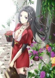 Rule 34 | 10s, 1girl, absurdres, bad id, bad pixiv id, black hair, breasts, cattleya baudelaire, cleavage, dress, earrings, flower, flower pot, highres, jewelry, large breasts, long hair, necklace, open clothes, open shirt, purple eyes, red dress, shirt, solo, typewriter, violet evergarden (series), zhl-