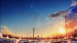 Rule 34 | 1girl, blue sky, cityscape, commentary request, day, dress, fisheye, from behind, highres, light particles, long dress, negative space, orange hair, original, outdoors, power lines, sky, solo, standing, sunset, utility pole, white dress, y y (ysk ygc)