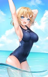 Rule 34 | 1girl, :d, arm behind head, arm up, armpits, ayamy, blonde hair, blue eyes, blue sky, breasts, cloud, collarbone, day, hair ornament, highres, hololive, hololive english, looking at viewer, medium breasts, ocean, one-piece swimsuit, open mouth, partially submerged, short hair, sky, smile, solo, swimsuit, teeth, thighs, upper teeth only, virtual youtuber, water, watson amelia