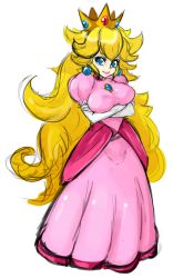 Rule 34 | 1girl, bad deviantart id, bad id, blonde hair, blue eyes, breast hold, breasts, crossed arms, crown, dress, earrings, elbow gloves, full body, gem, gloves, gown, heart, impossible clothes, jewelry, large breasts, lips, long hair, mario (series), nintendo, pink dress, princess peach, puffy sleeves, sketch, slugbox, smile, smirk, solo, super mario bros. 1, transparent background, very long hair, wavy hair, white gloves